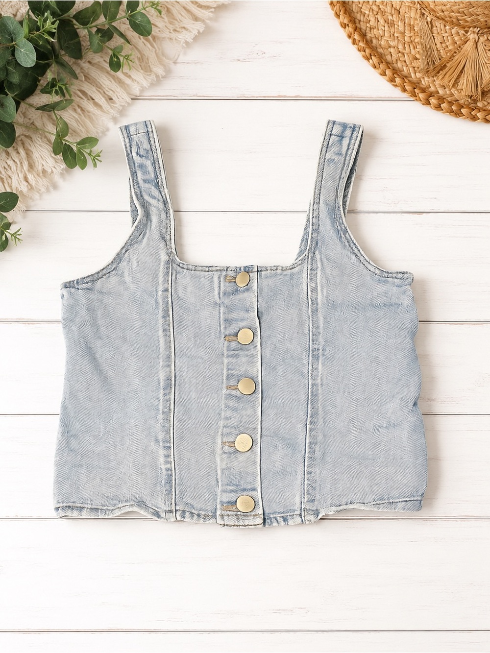 Art Class Girls Light Wash Denim Button Front Crop Tank Top XL (14)